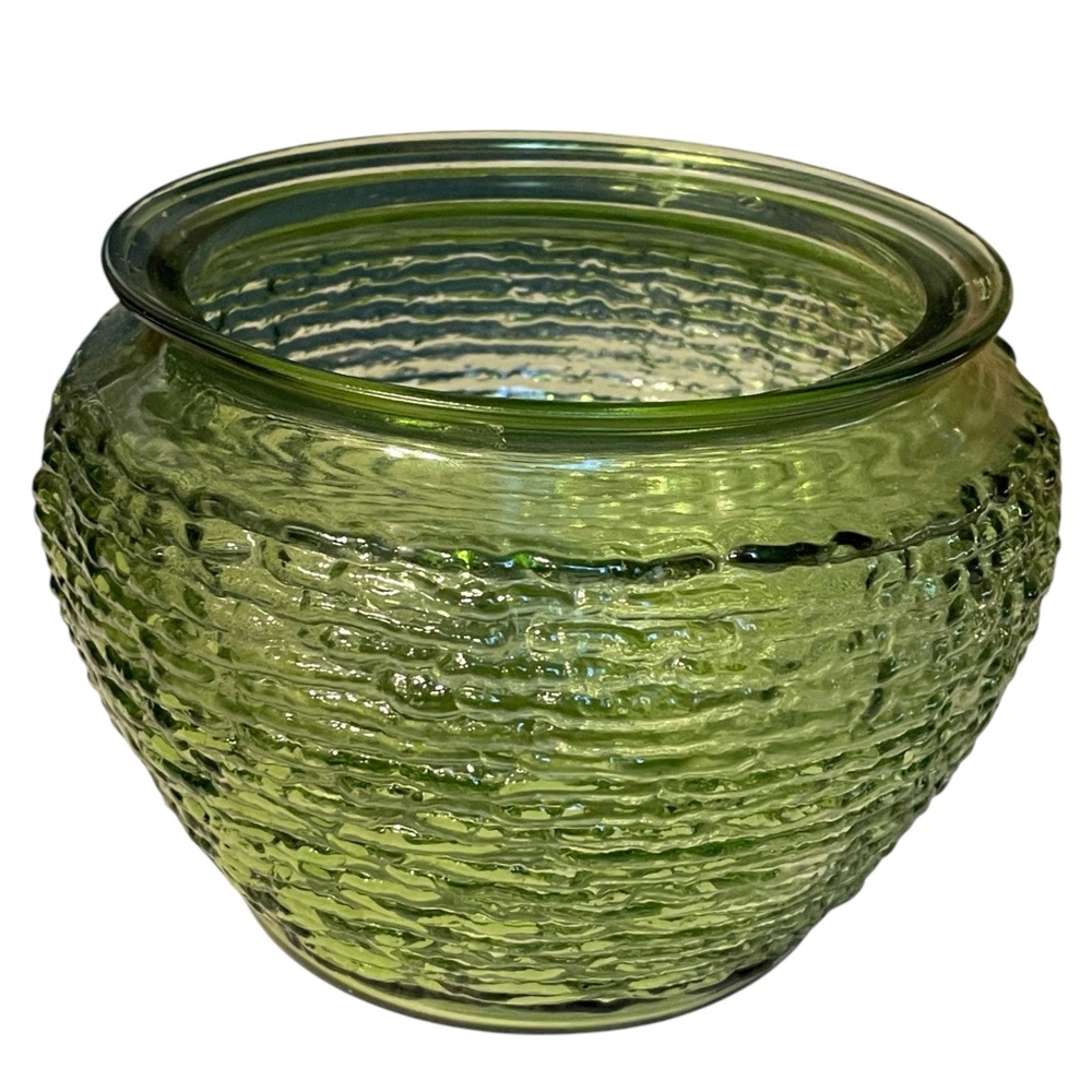Retro Green Textured Glass Vase 5.75” Tall and 5.75” Opening Very Nice